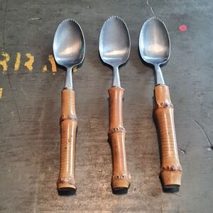 Vintage Bamboo Handle Serated Edge Grapefruit Spoons Stainless Japan Set of 3